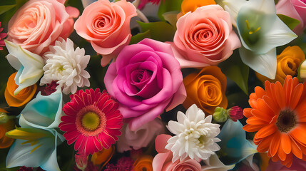 Close up, many flowers, many colors and various types wall background for wedding decoration and presentation.