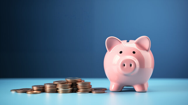 Polished Piggy Bank on Blue Background with Coins Representing Financial Savings