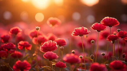 Soft Sunset Light on Field of Red Poppies