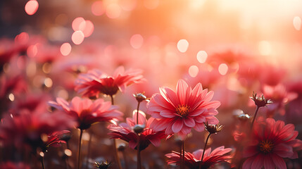 Fototapeta na wymiar Magical Evening Glow Over Red Cosmos Flowers