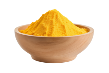 Golden Sunshine: A Wood Bowl Filled With Yellow Dust. On a White or Clear Surface PNG Transparent Background.