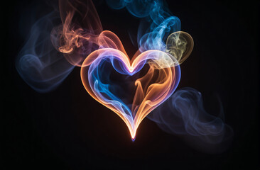 a heart glowing in the dark from which multi-colored smoke emanates