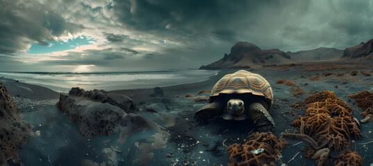 A Galapagos tortoise slowly moving along the beach, captured using a wide-angle lens to emphasize...