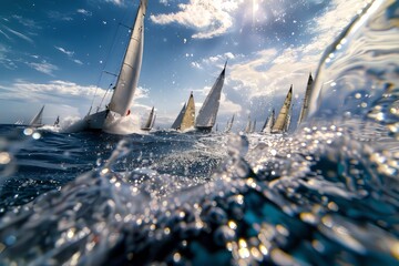 Dynamic Sailing Race Captured from Ocean's Surface - obrazy, fototapety, plakaty