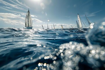 Competitive Sailing Action in Open Sea Splashes - obrazy, fototapety, plakaty