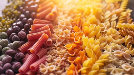   A tight shot of assorted pasta varieties on a plated dish, accompanied by olives situated at its edge - obrazy, fototapety, plakaty