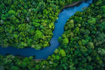 Overhead Drone Shot of Pristine River Winding Through Tropical Forest