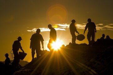 Sunset Labor - Construction Workers Silhouetted Against Evening Sky