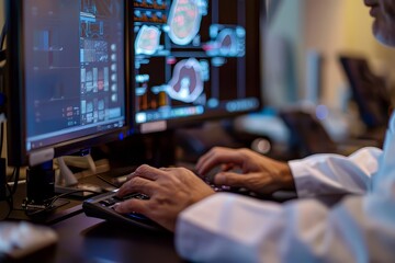 Medical Specialist Analyzing Brain Scans on High-Tech Monitors