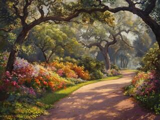 A painting of a path through a garden with trees and flowers. The painting is full of bright colors and has a peaceful, serene mood