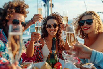 Group of diverse friends toasting champagne having fun party celebration in yacht sailing sea holidays vacation summer travel