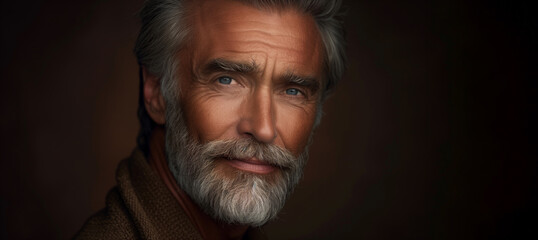 A mature man with a beard is sitting in a dark background. He has a serious expression on his face. a handsome male model. mature old man whit wrinkles whit gray beard looking in the camera