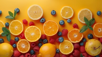  Oranges, raspberries, lemons, blueberries, and more raspberries against a sunny yellow backdrop..Fruits: oranges, rasp