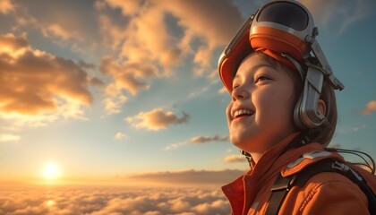 Toy Jetpack Adventure: Child Pilot Plays Outdoors Against Autumn Sky Background. Joyful Smiles and Excitement Fill the Air