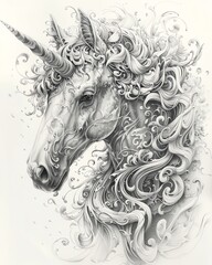 Bring to life a fantastical unicorn in pen and ink, portrayed in a modern abstract interpretation with unexpected camera angles Create a sense of magic and mystery through intricate details and dynami