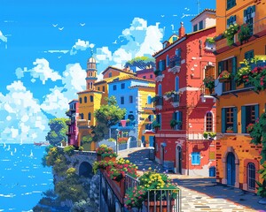 Fototapeta na wymiar Illustrate a whimsical scene where travel experiences intertwine with artistic flair, portrayed in a vibrant and dynamic pixel art composition with a unique tilted perspective