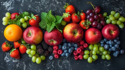 Naklejka na ściany i meble grapes, apples, strawberries, oranges, and raspberries align neatly