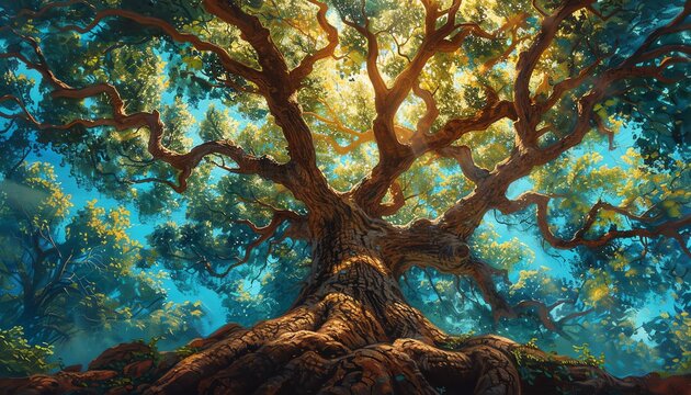 Experience the juxtaposition of power and vulnerability with a low-angle view of a majestic oak tree in a mystical forest Infuse the scene with the concept of resilience and growth, captured in rich a