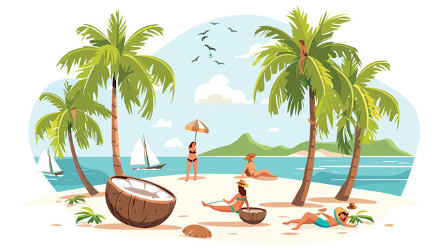 Sliced coconut people enjoying sea bathing on White background