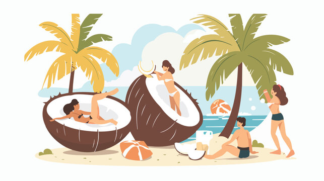 Sliced coconut people enjoying sea bathing on White background