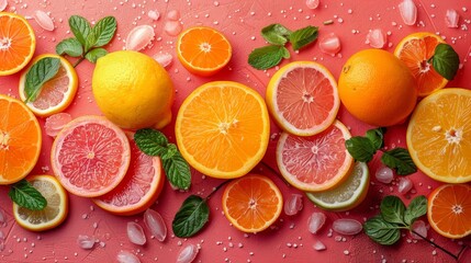   Oranges, grapefruits, lemons, and mints with water droplets on a pink backdrop or Fruit arrangement of oranges, grapefruits