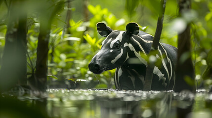Fototapeta premium A Malayan tapir by a mud hole, captured with high dynamic range to detail its contrasting black and white skin, set against a lush jungle background with copy space