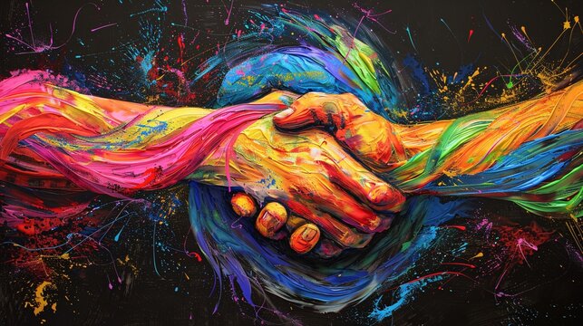 Human handshake with colorful paint splashes on abstract background.
