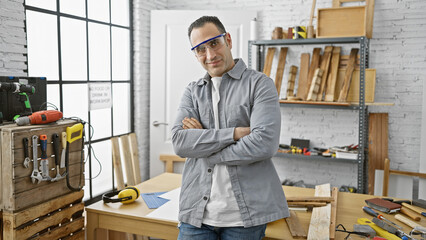 Confident young man standing with arms crossed in a well-equipped carpentry workshop.