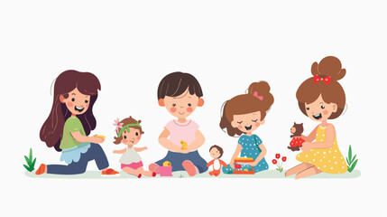 Smiling girls kids playing with dolls. Happy kids plan