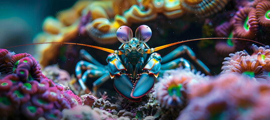 A mantis shrimp hiding in a coral reef crevice, captured with underwater photography to reveal its vibrant colors and intricate appendages, set against a vibrant ocean backdrop with copy space