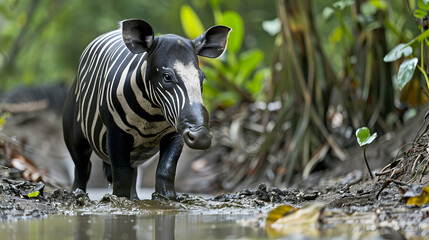 A Malayan tapir by a mud hole, captured with high dynamic range to detail its contrasting black and white skin, set against a lush jungle background with copy space