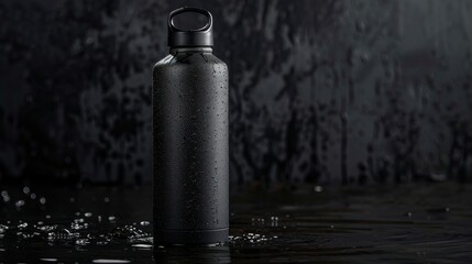 A sleek black reusable water bottle with droplets of condensation, representing modern hydration and eco-friendly lifestyle, set against a dark backdrop, for product placement 