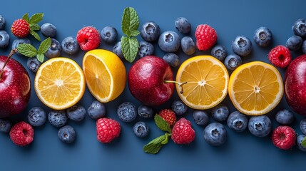   A word-shaped arrangement of fruits and berries on a blue backdrop ..Or, if maintaining the original structure is important:..An as