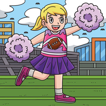 American Football Cheerleader Colored Cartoon 