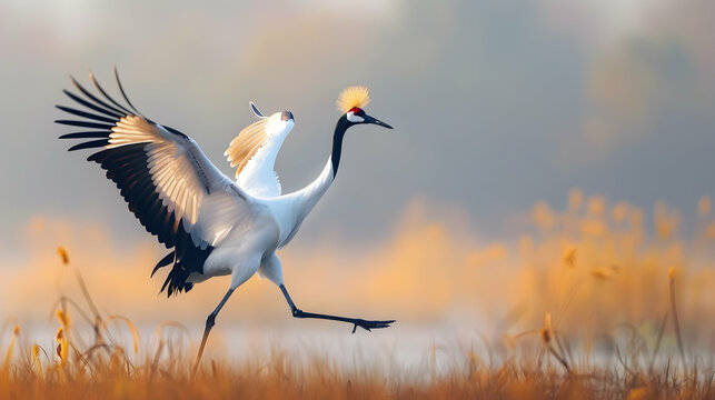 A red-crowned crane gracefully dancing in a wetland, photographed with a slow shutter speed to convey its elegant movements, set against a serene marshland background with copy space