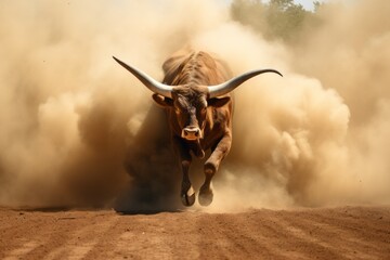 A large bull raises dust with its furious running against the backdrop of sunset rays, a symbol of the state of Texas, bullfighting - obrazy, fototapety, plakaty