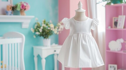 Fototapeta na wymiar Baby, infant white dress mockup, nursery interior background,