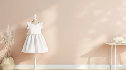 Baby, infant white dress mockup, nursery interior background,