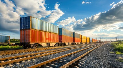 Efficient Rail Logistics Intermodal Containers Transported on Train Car for Rail Freight Shipping, Streamlining Import-Export Operations from China
 - obrazy, fototapety, plakaty