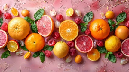   A collection of oranges, raspberries, lemons, and more raspberries on a pink backdrop