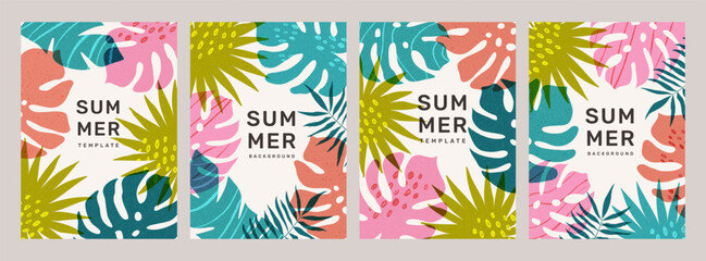 Summer backgrounds with tropical palm leaves with overlay effect. Modern abstract covers set, trendy minimal design. Jungle and beach theme. Vector illustration.