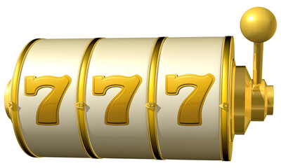 The reels of a golden slot machine align to reveal the winning jackpot combination of triple sevens. 3D illustration