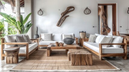  Elegantly Organic Handcrafted Teak Wood Furniture Enhancing the Lush Villa Living Room Oasis with Chic Style
