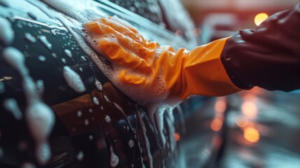 Close up hand in a special rubber glove washes a car with water and foam. - obrazy, fototapety, plakaty