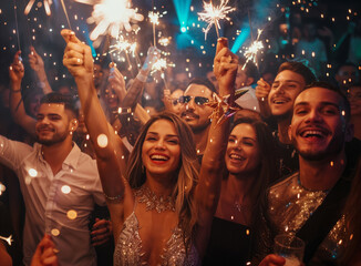 a group of people standing around each other holding sparklers in their hands and smiling at the camera with a crowd of them