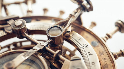 Close-up of the intricate details on a vintage sextant, a navigational instrument.