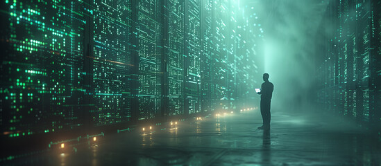 Data Specialist Analyzing Network Servers in a Futuristic Data Center - Digital Security and Technology Concept
