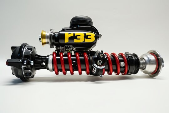 A photo of the front shock on an Billa Bilabo motorcycle, with red spring and black top cap The yellow text reads r3 White background Studio photography