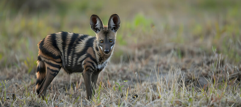 Aardwolf: An aardwolf at twilight, captured using low-light photography to emphasize its shy nature and striped coat, set against a twilight savannah background with copy space