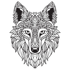 Mandala Coloring Page for Adults. Wolf Head Zen Spiritual Relax Colouring Book Template.
